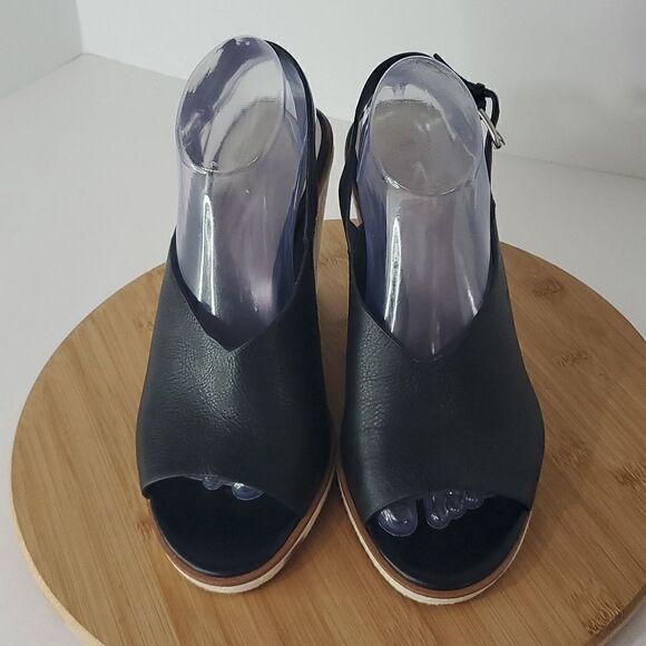 1. State Black Leather Genna Slingback Wedge Sandal Peep Toe Heel 10M - Picture 2 of 14